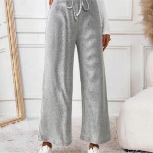 Gray Ribbed Wide-Leg Knit Pants